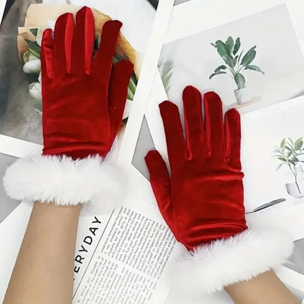 Christmas Santa Red Velvet Gloves Faux Fur NEW